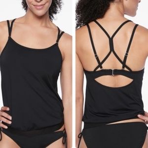 Athleta Cross Back Blousy Tankini Swim Tank Top Black 34D/DD